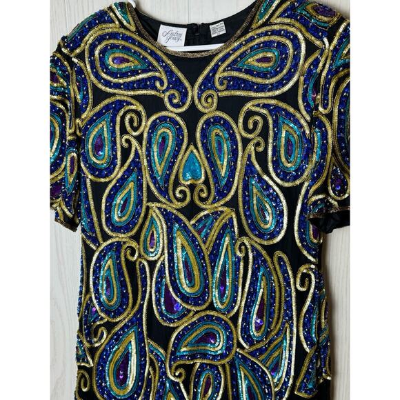 Vintage 80s Silk Beaded Sequin Dress Black Gold Blue Paisley Cocktail Party 2X - Picture 1 of 14